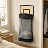 Wall-Mounted Basketball Laundry Hamper with Wood Rear Panel, Folding Steel Toss Frame, Removable Polyester Bag, and Lower Release Opening