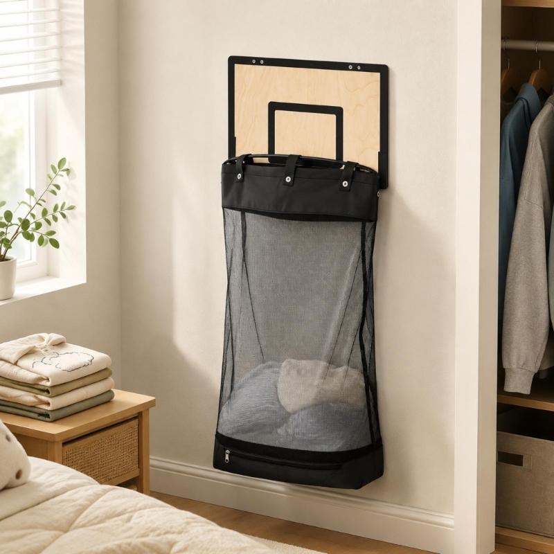 Wall-Mounted Basketball Laundry Hamper with Wood Rear Panel, Folding Steel Toss Frame, Removable Polyester Bag, and Lower Release Opening