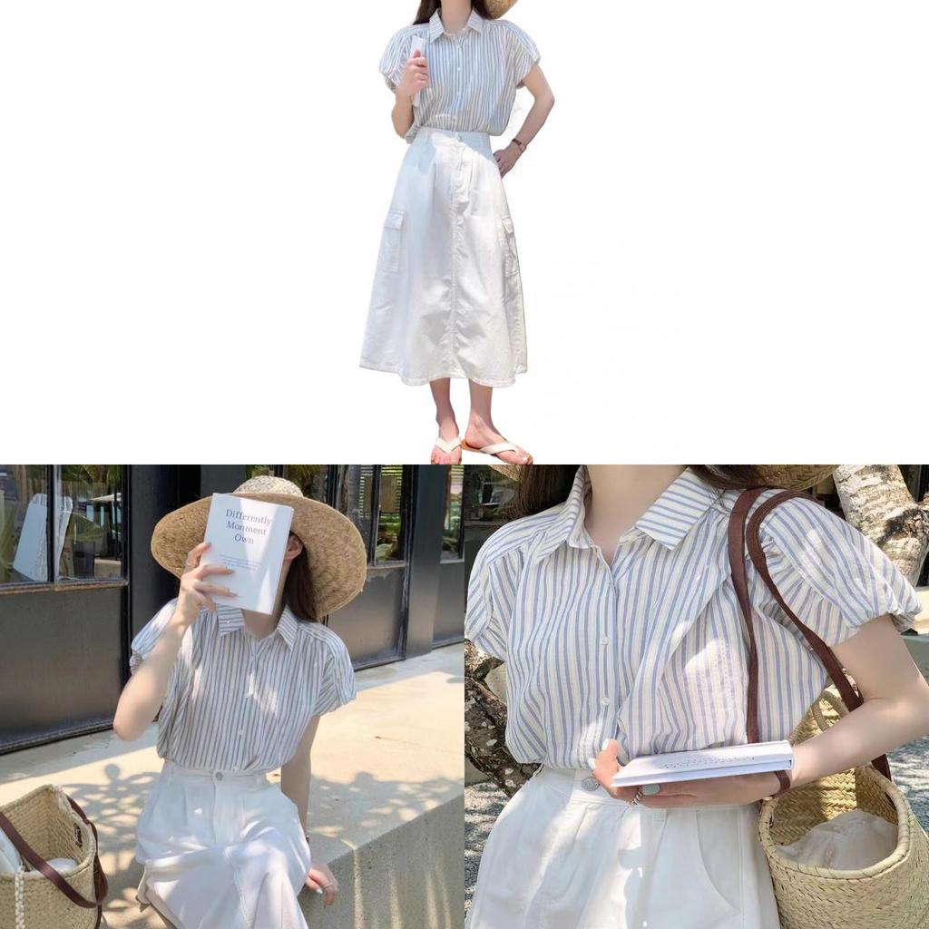 Streetwear Striped Blue Shirt For Women With Short Sleeves And V Neck For Summer Casual Wear
