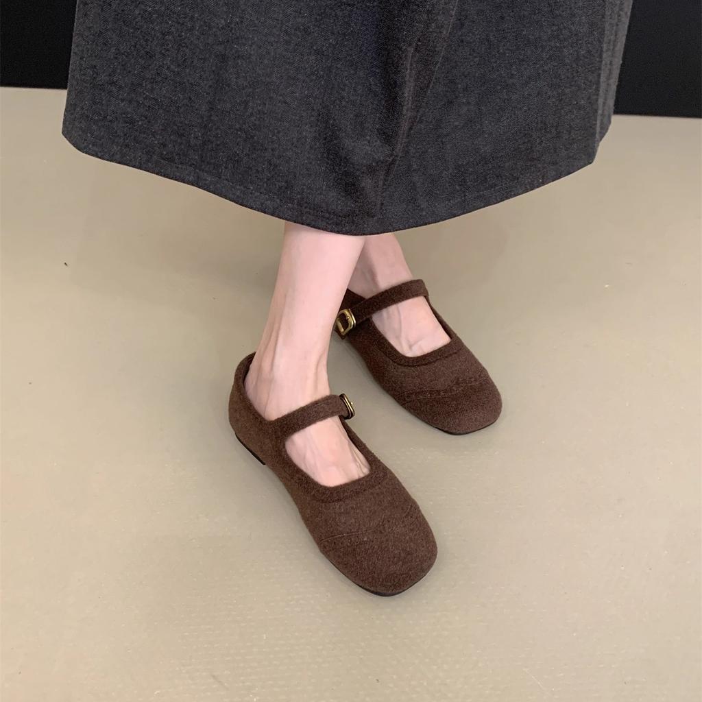 French retro square head woolen single shoes for women's autumn and winter new velvet Mary Jane shoes for women's flat-bottomed fluffy shoes