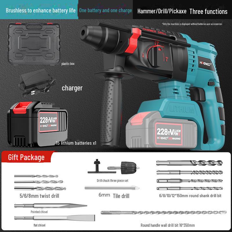 Ciocan rotopercutor electric reîncărcabil fără perii 21V, Impact wireless pentru beton de mare capacitate, Ciocan electric cu litiu cu dublă utilizare