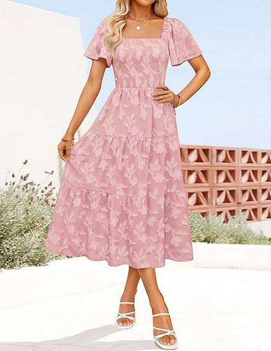 Bohemian Floral Square Neck Midi Dress - Women's Short-Sleeve Fashion