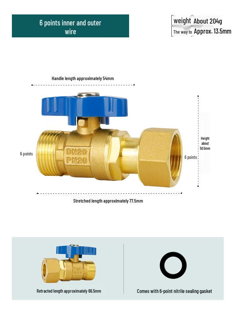 Full Copper Water Heater Union Ball Valve, Male/Female Thread, 6 to 4 Points Large Flow for Wall-Hung Boiler