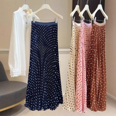 Summer New French High Waist Polka Dot Pleated Skirt Women Loose and Thin Temperament Drape a Word Medium and Long Skirt