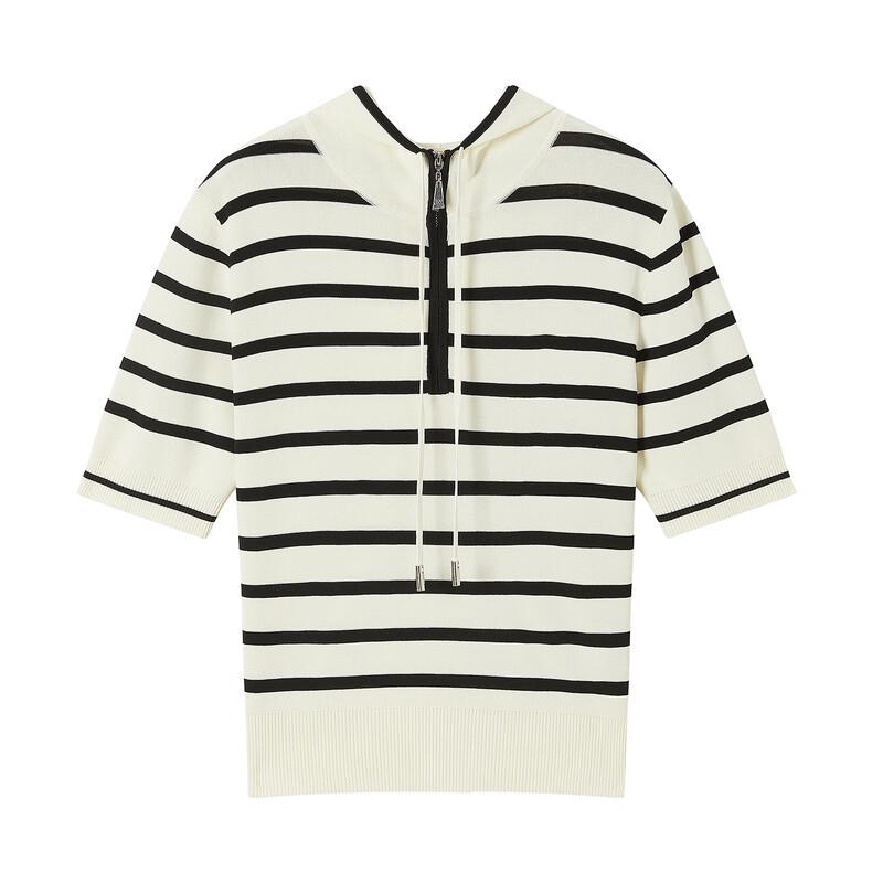 JUZUI Women's 2026 Spring Striped Hooded Half-Zip Knit Shirt