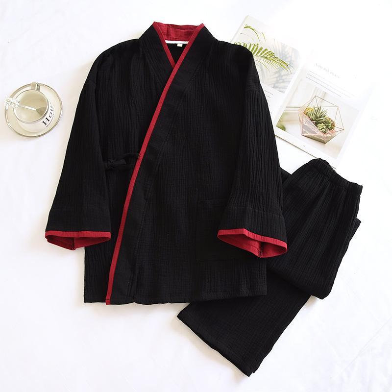 Spring and Autumn Thin Men's Kimono Robes with Long Trousres Cotton Color Matching Pajamas Plus Size Home Pyjamas Set