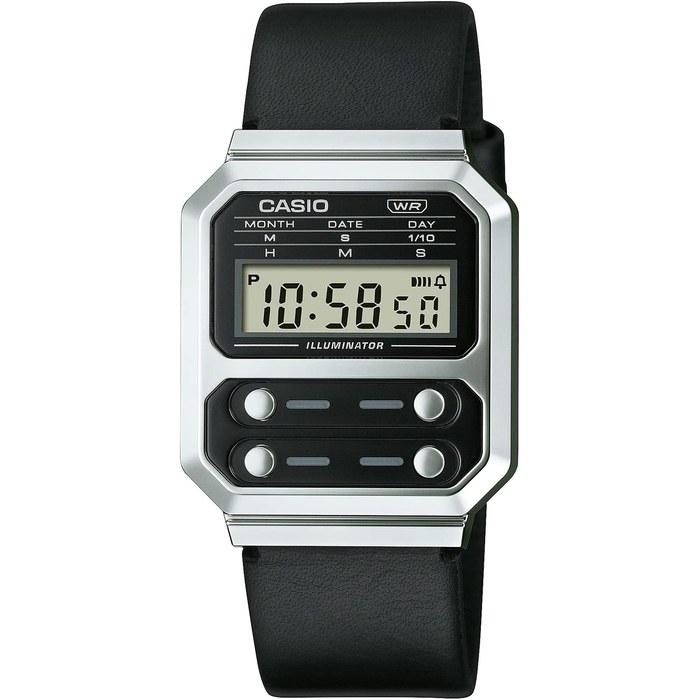 Casio Digital Watch A100WEL-1A Men s Silver & Black Leather Band