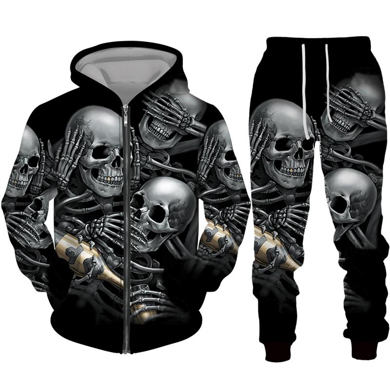 Sudadera con cremallera negra y pantalón con estampado 3D de calavera fresca, conjunto de chándal estilo gótico punk para hombre y mujer, conjunto de chándal 2026, disfraz de streetwear para Halloween