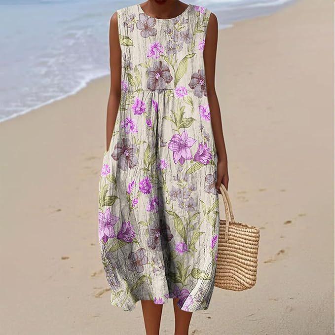 Summer European and American women's new sleeveless seaside vacation D printing dress