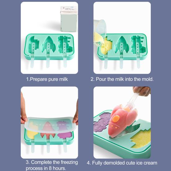 Silicone Ice Cream Mold 3 Cavities Easy Release Dinosaur Car Pineapple Ice Lolly Mold DIY Summer Freezer Ice Stick Container Kitchen