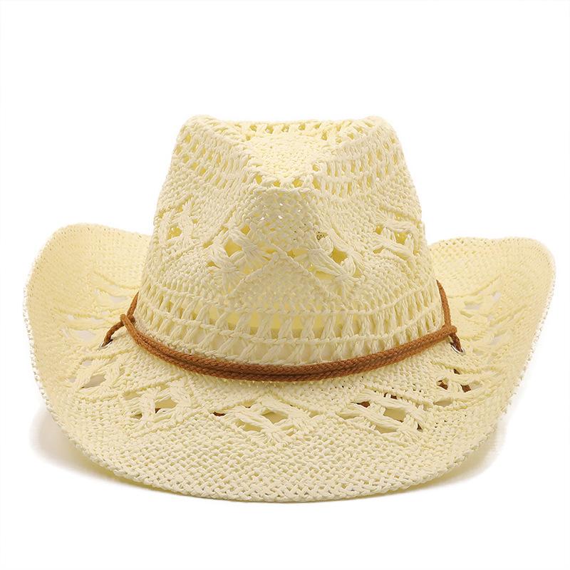 New Summer Outdoor Unisex Hollow Out Woven Cowboy Hat Sun-Protective Western Cowboy Straw Hat