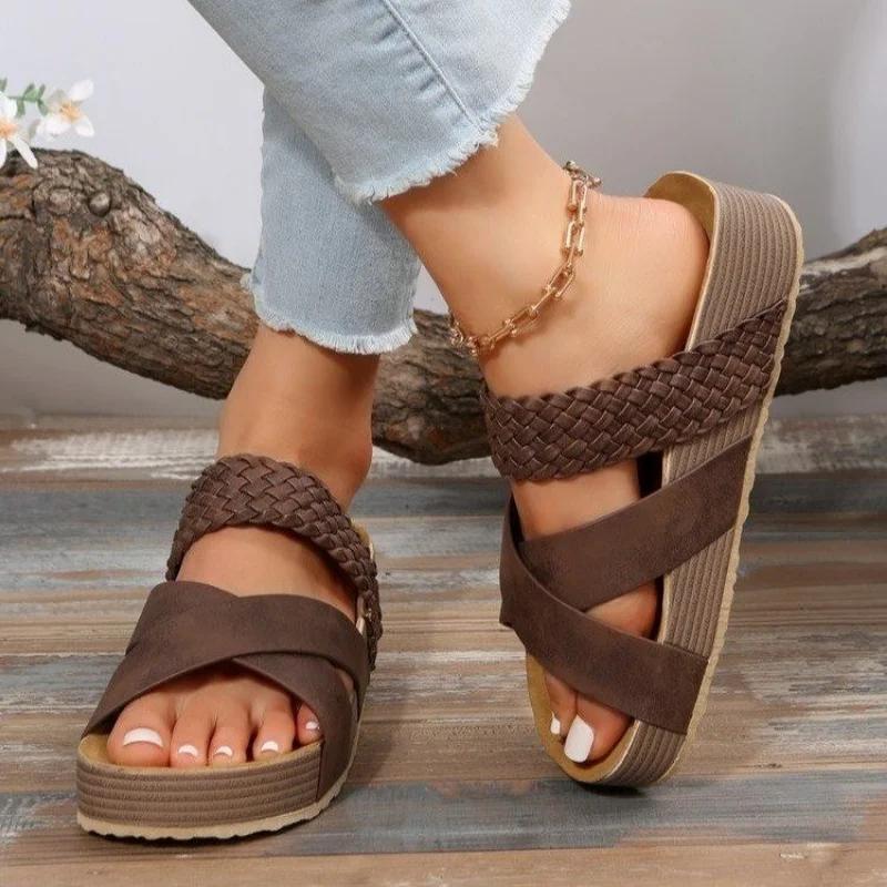 Fashion Summer Women Sandals Sexy Open Toe Broad Band Crossover Slip-On Thick Platform Shoes Casual Flat Slippers Big Size 43