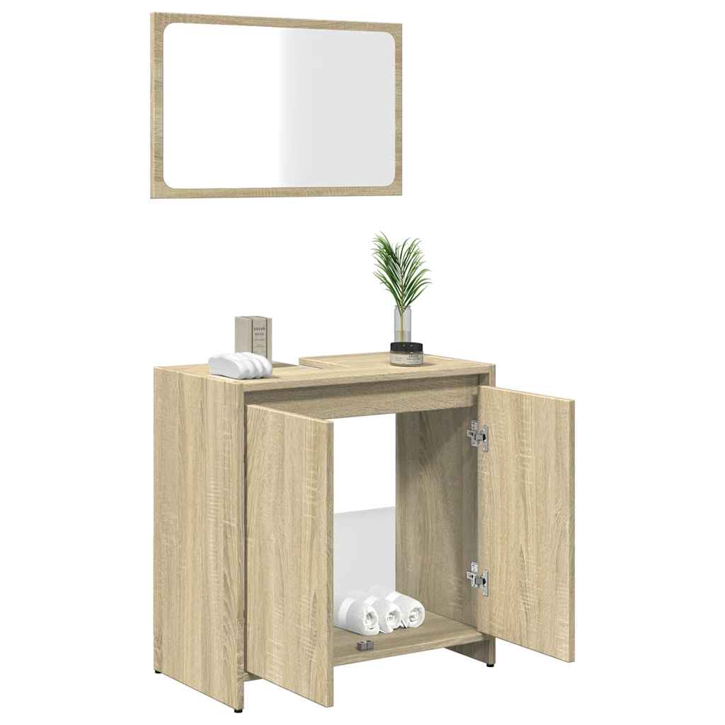 2-teiliges Badmöbel-Set - Sonoma-Eichenholz-Materialien, Badezimmerspiegel und Unterschrank unter dem Waschbecken