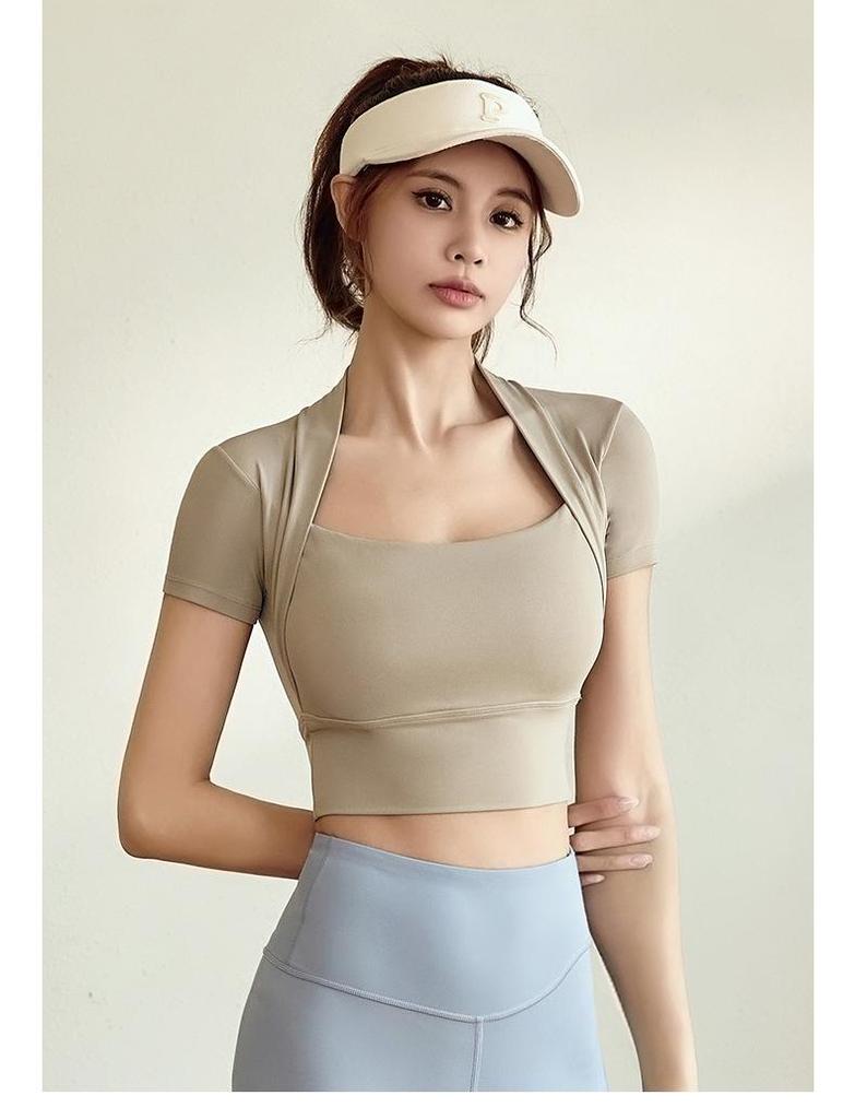 Juyitang Yoga-Top mit kurzen Ärmeln und hoher Elastizität – kein BH erforderlich 