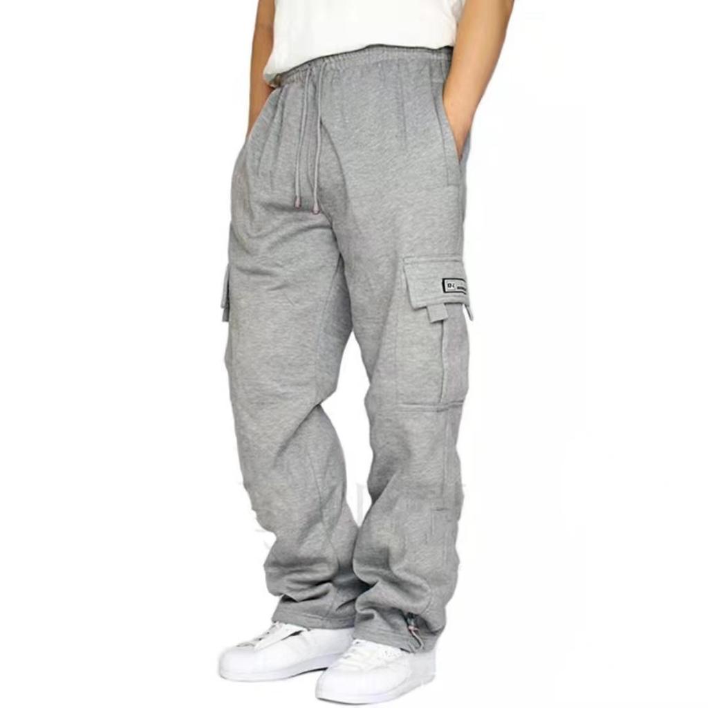 Autumn and Winter Padded Sports and Leisure Trousers Men's Drawstring Feet Multi-pocket Tie Rope Loose Work Trousers Man