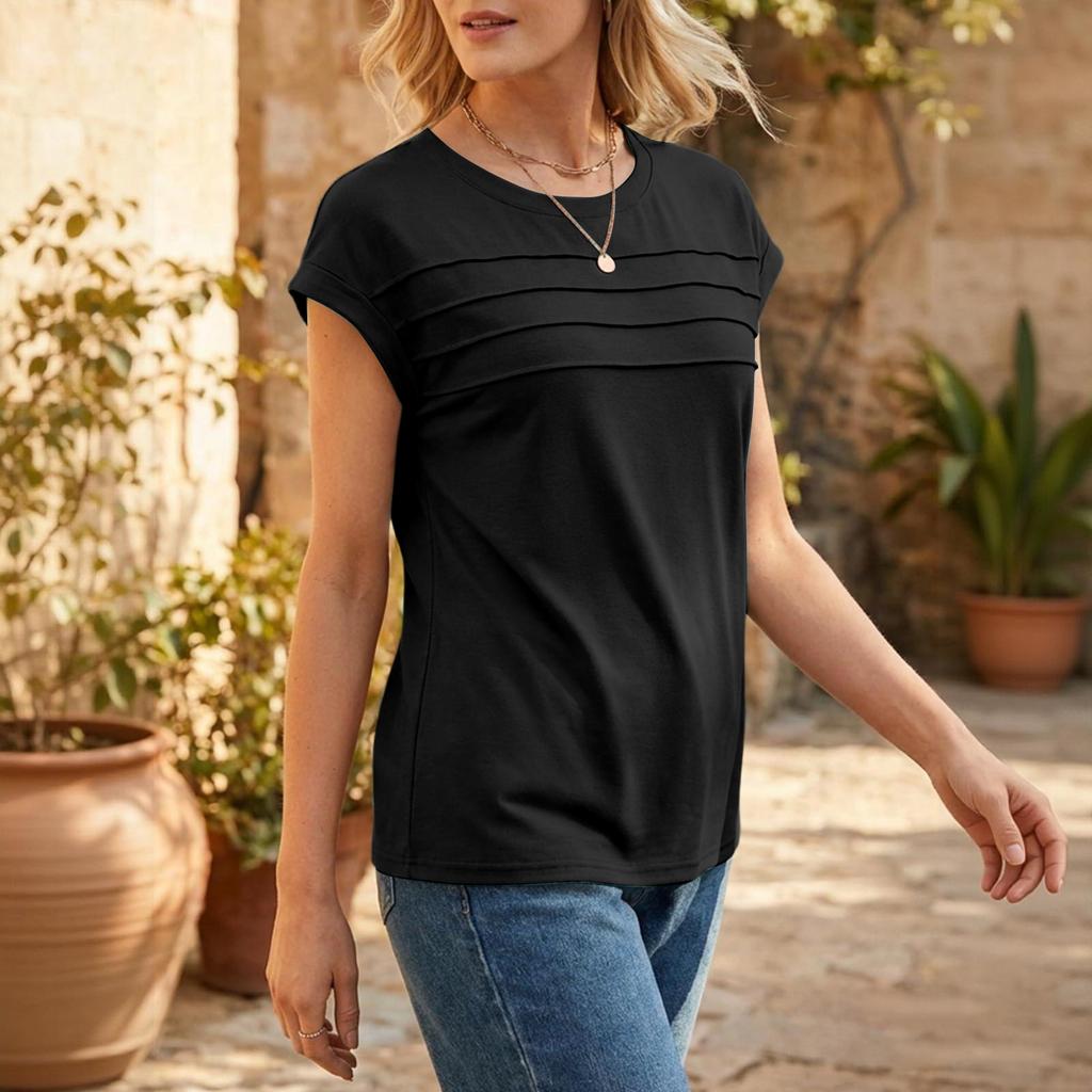 Women's Casual Top Monochrome Pleated Top Round Neck Short Sleeved Shirt