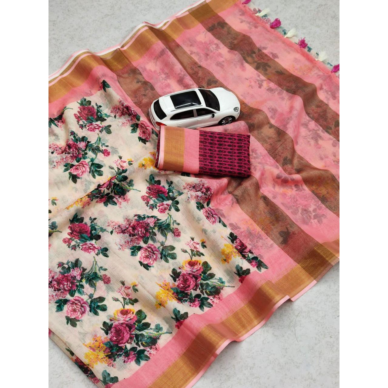 

Женское сари из чистого хлопка с золотой каймой Зари и блузкой с цифровым принтом