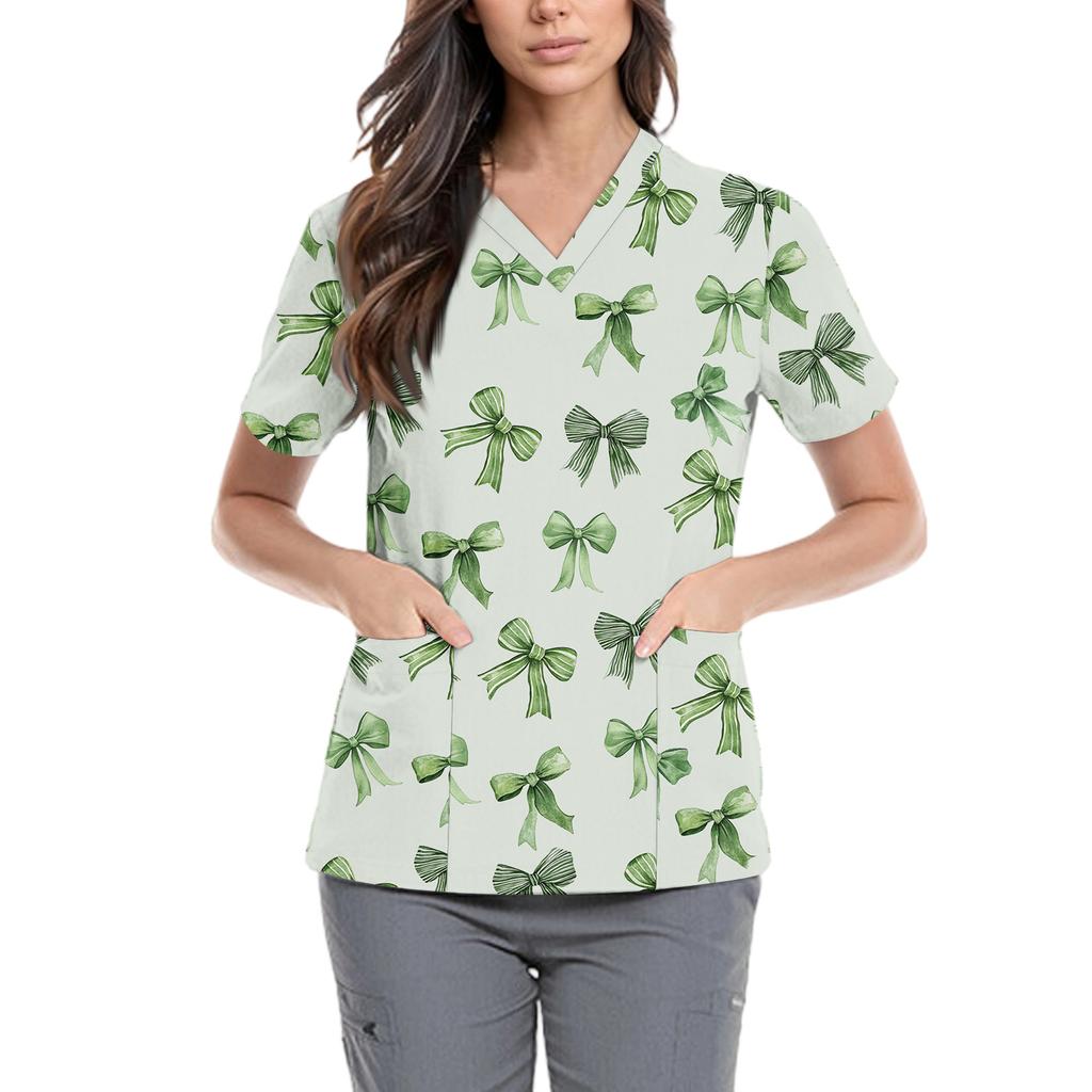 Women's Cute Bow Printed Work Clothes V-neck Double Layer Pockets Basic Short Sleeve Top Pullover