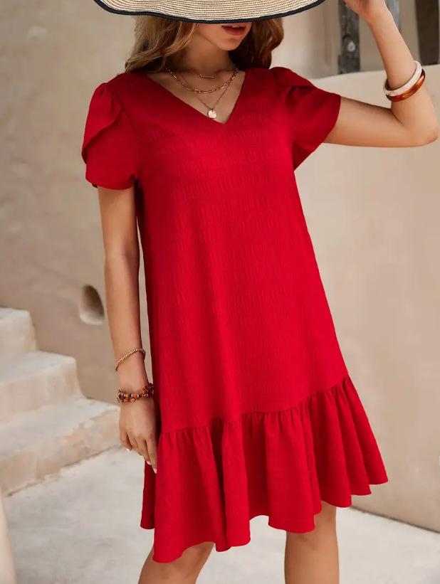 V-neck solid color loose dress casual short-sleeved dress