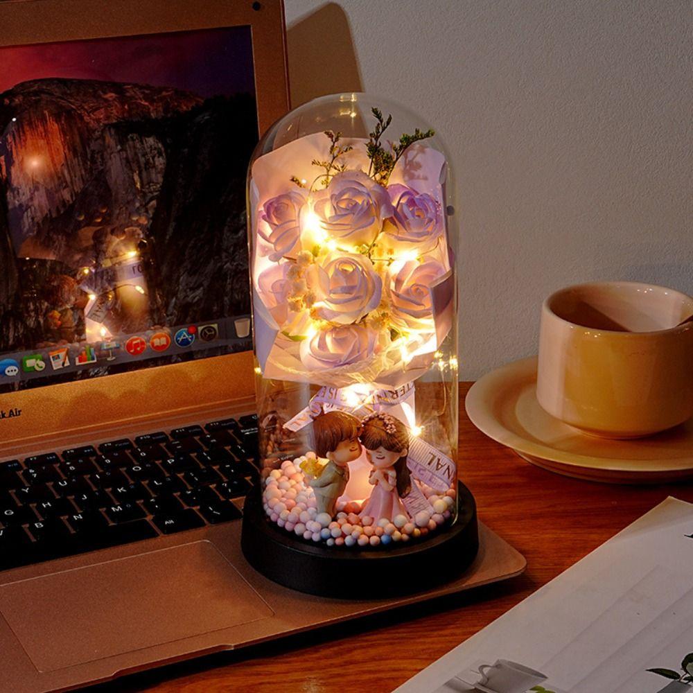 Colorful Eternal Rose Flower Lover Figurines Transparent Cover Rose Bouquet Ornament Living Room Decor Real Touch Flower