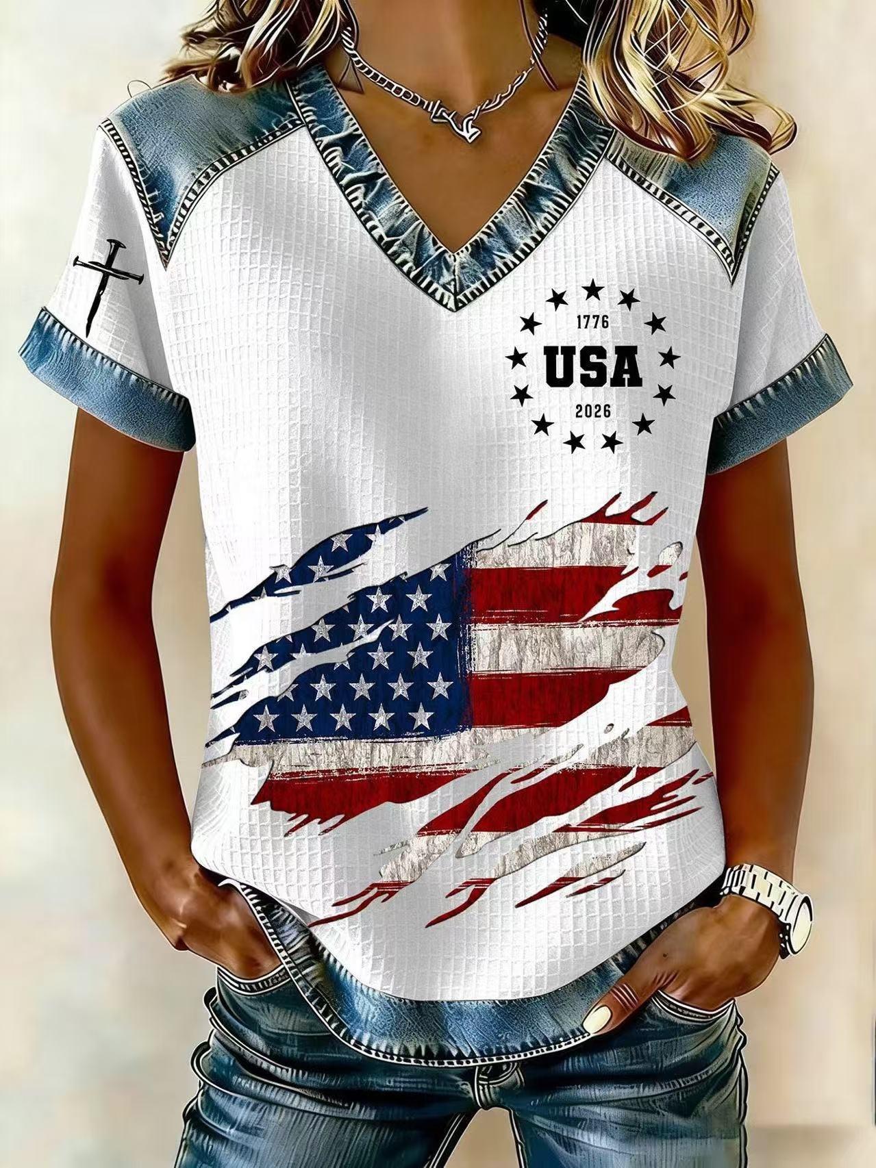 2026 New Women s 3D Denim Splicing V-Neck European and American Trend Short Sleeve American Flag Printing Casual Fashion S
