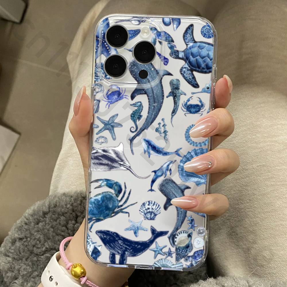 Marine Animals Sea Elements Phone Case Clear For iPhone 17 16 14 15 11 12 13 Pro Max 16E 15 16 Plus Air Silicone Cover