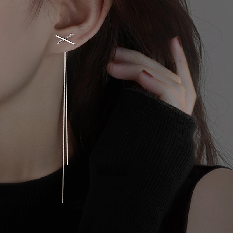 Cross Stud Earrings Women's Niche Design Sense X Fringed Earrings Long Light Luxury One Two-wear Line Earrings