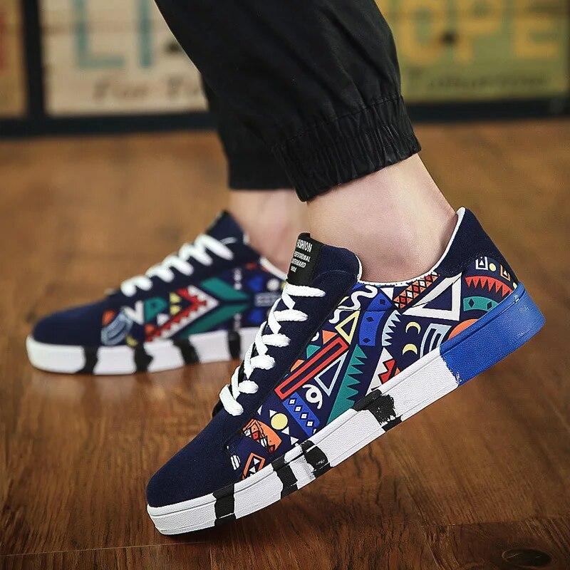 Summer Autumn Men Shoes Fashion Graffiti Men'S Sneaker Lightweight Mens Casual Shoes Low Top Breathable Black Male Canvas Shoes