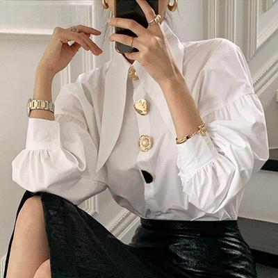 Lantern Long Sleeve Tops Office Lady Solid Blosues Chic Button White Shirt Women Spring Casual Versatile Loose Shirts