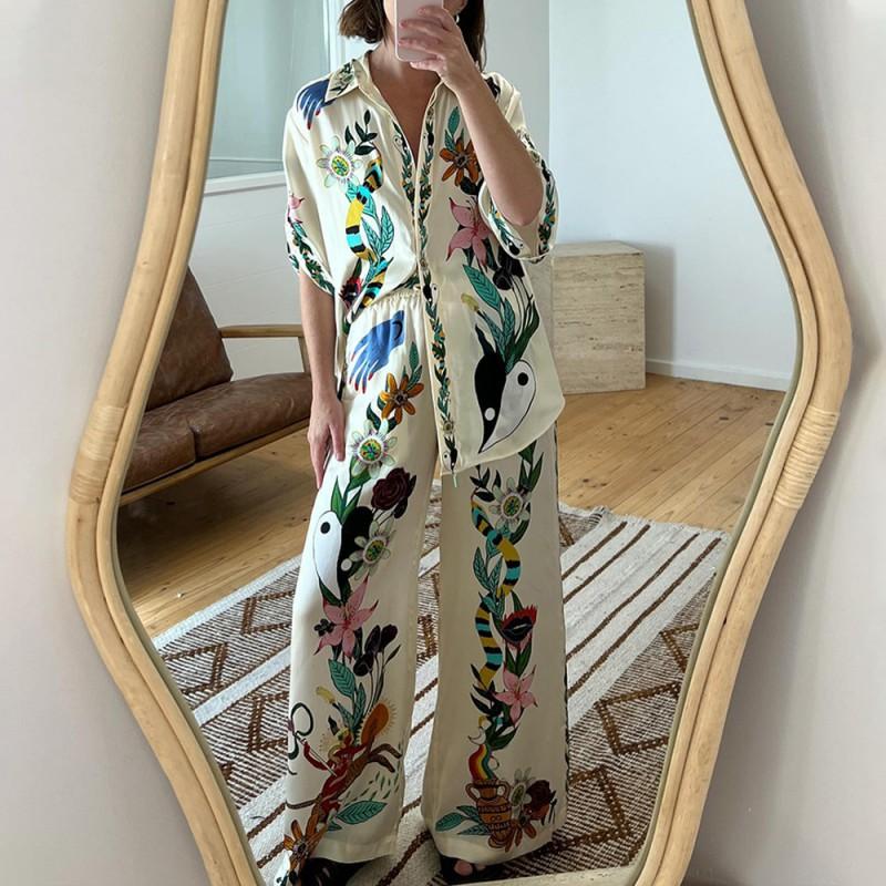 Dress Women's Fashion Suit Casual Loose Shirt Printed Pantsuit