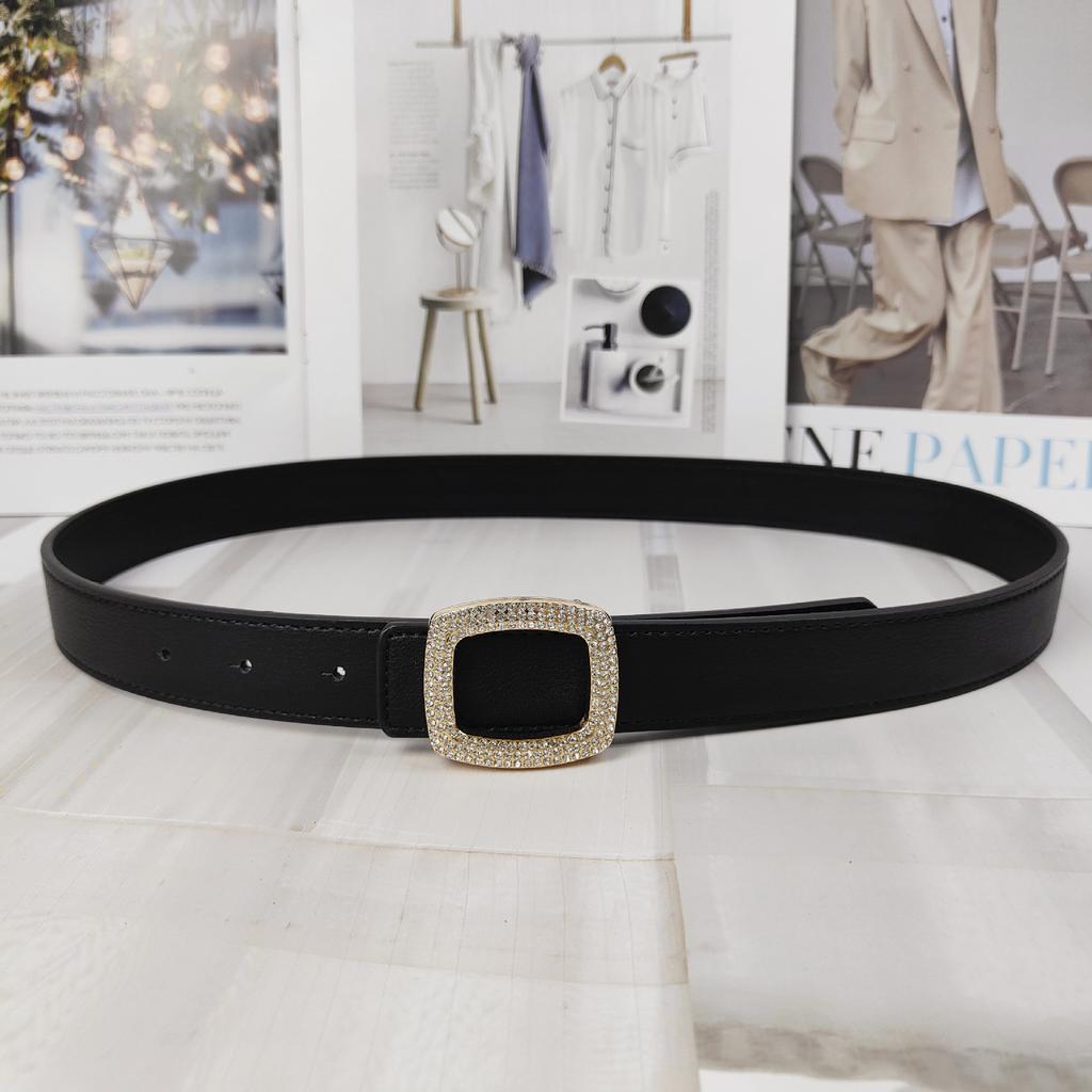 New Color Lychee Pattern Cowhide Belt Women'S Square Diamond-Encrusted Smooth Buckle Simple Jeans Belt