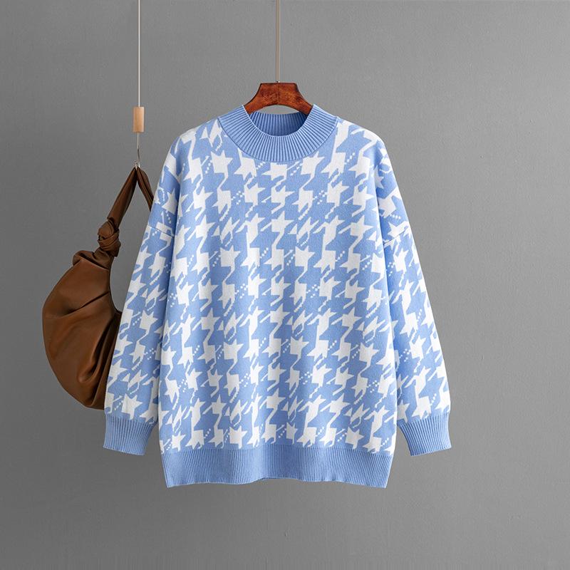 Autumn/Winter 2023 Women's Houndstooth Knit Pullover: Plus Size, Loose Fit, Round Neck Sweater.