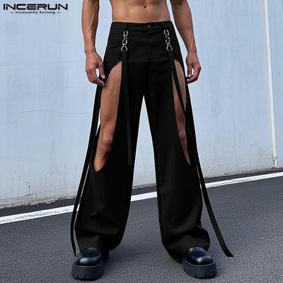 Men High Zipper Waist Irregular Cutout Tassel Long Pants Trousers