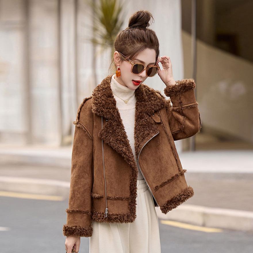 Retro Fur Integrated Imitation Lamb Wool Locomotive Clothing Women's Winter New Thickened Short Coat