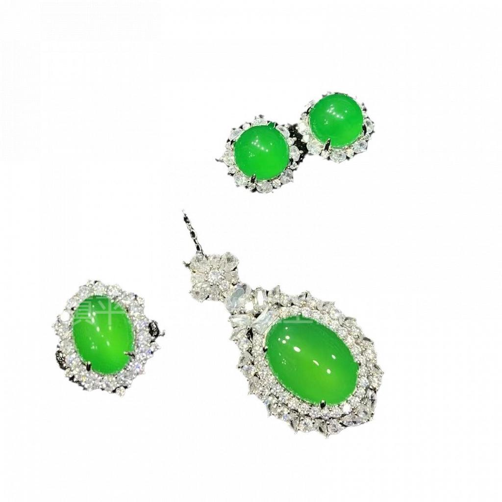 Natural High Ice Chalcedony Three-Piece Set White Ice Chalcedony Pigeon Egg Pendant Ring Earrings Jade Jewelry Gift Set