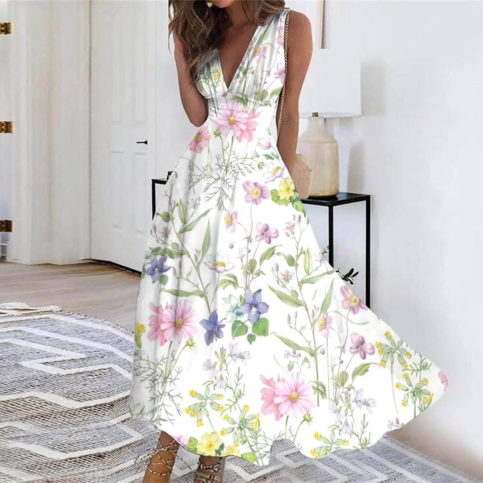 

Женское длинное платье Платье макси Повседневное платье Летнее повседневное платье без рукавов с v-образным вырезом в стиле бохо с талией и принтом XL