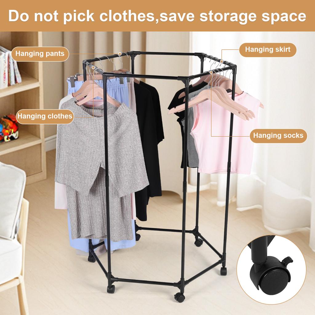 Hexagon Heavy Duty Clothes Rail with Wheels Movable Garment Rail Wardrobe Rack Display Stand for Hanging Garments Dresses Coats