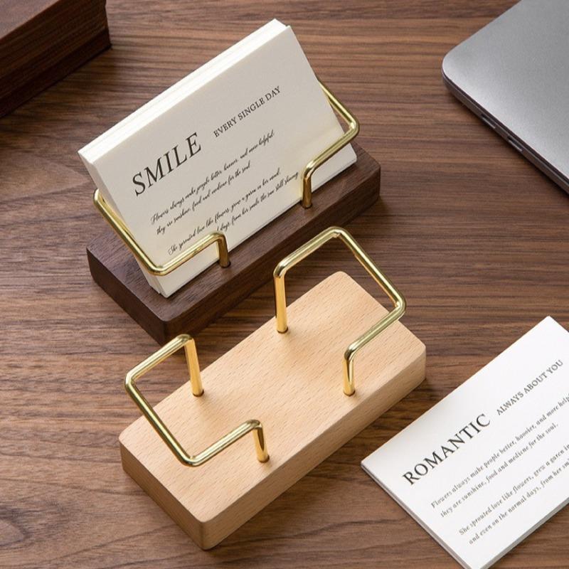 1pcs Front Desk Business Card Display Holder Creative Desktop Card Organizer Wooden and Metal Business Card Stand for Office