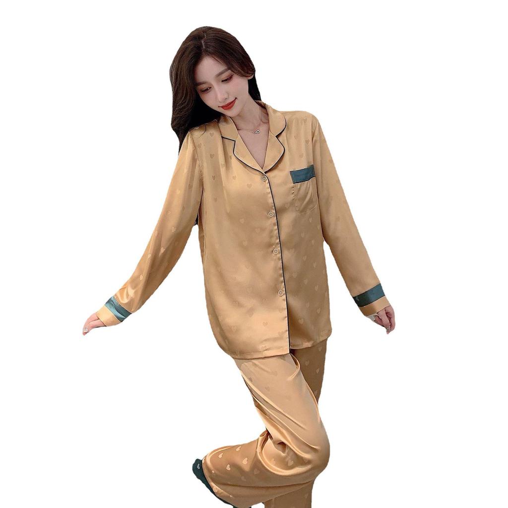 Fashionable Ice Silk Heart Print Pajama Set - Women's Long Sleeve Cardigan for Spring/Summer.