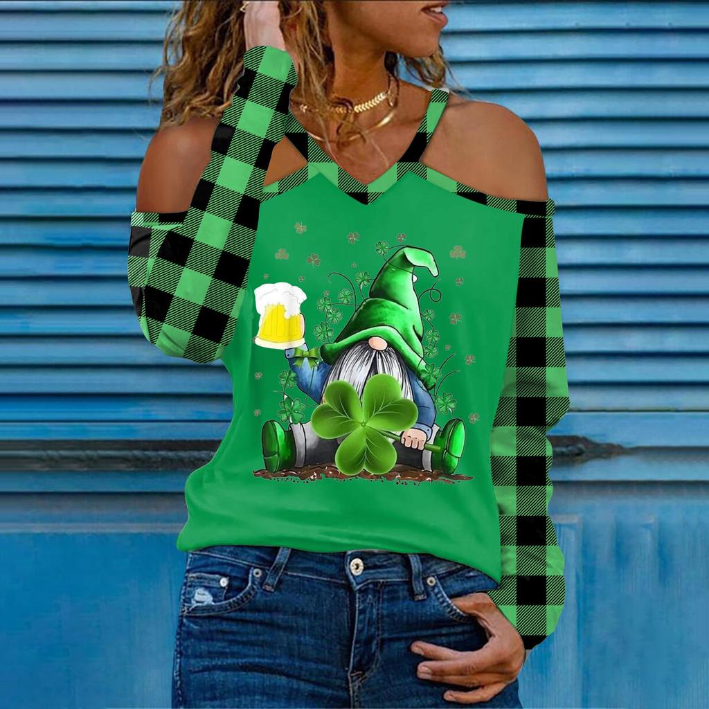 Mode féminine décontractée col en V St. Haut t-shirt à manches longues et épaules dénudées imprimé Saint-Patrick