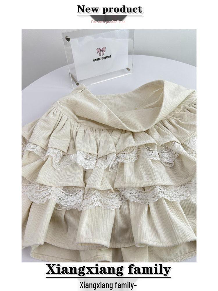 Aprikosenfarbener A-Linien-Midirock mit hoher Taille, Spitzen-Patchwork und bauschigen Lagen