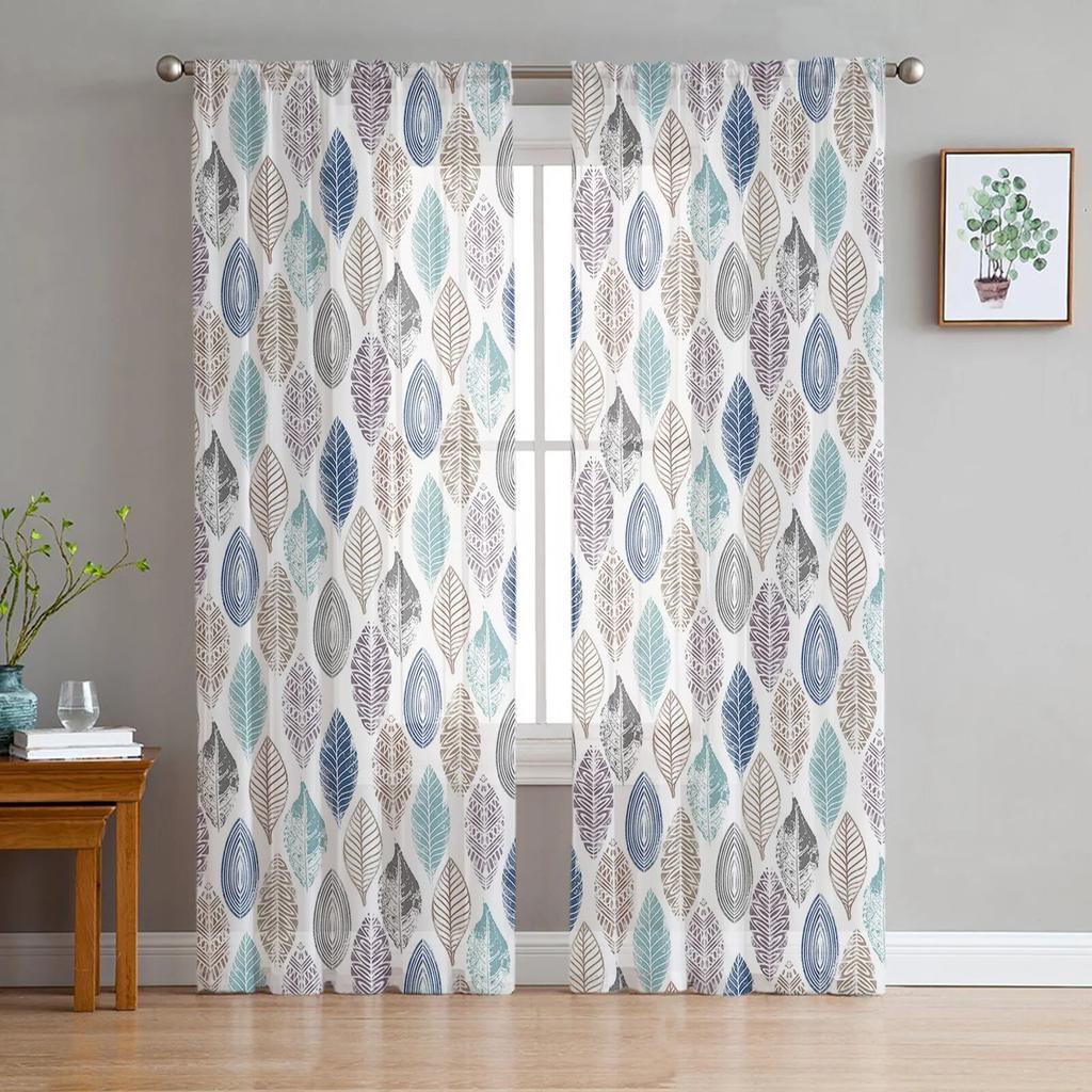 Marineblau-graue Blattstruktur-Tüllvorhänge für Wohnzimmer, Chiffon-Voile, transparenter Fenstervorhang für Schlafzimmer