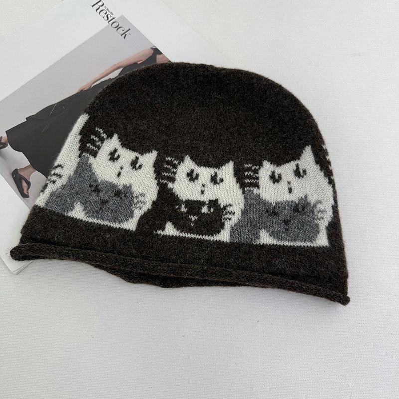 Cartoon Kitten Jacquard Knitted Bag Hat Women's Autumn and Winter Fashion Warm Windproof Ear Protection Face Small Wool Hat