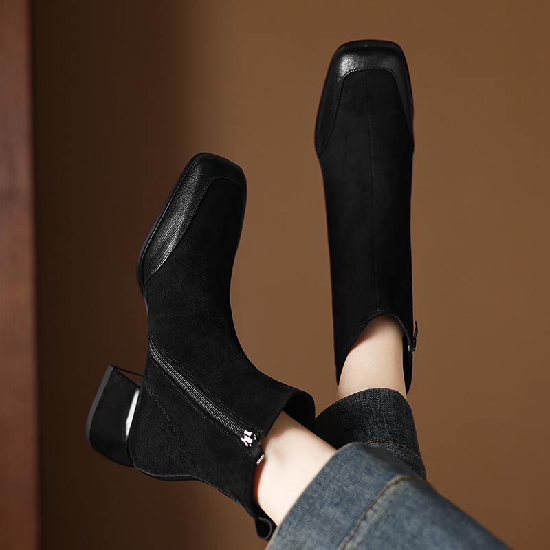 Krazing Pot Sheepskin Flock Winter Square Toe Chunky Heels Chelsea Fashion Boots Women Zip Patch Work Women Ankle Boots