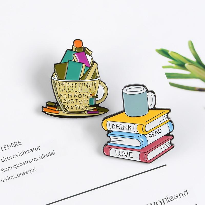 Enamel Coated Alloy Coffee Cup And Book Brooch For Eye-catching Fashion Accessories