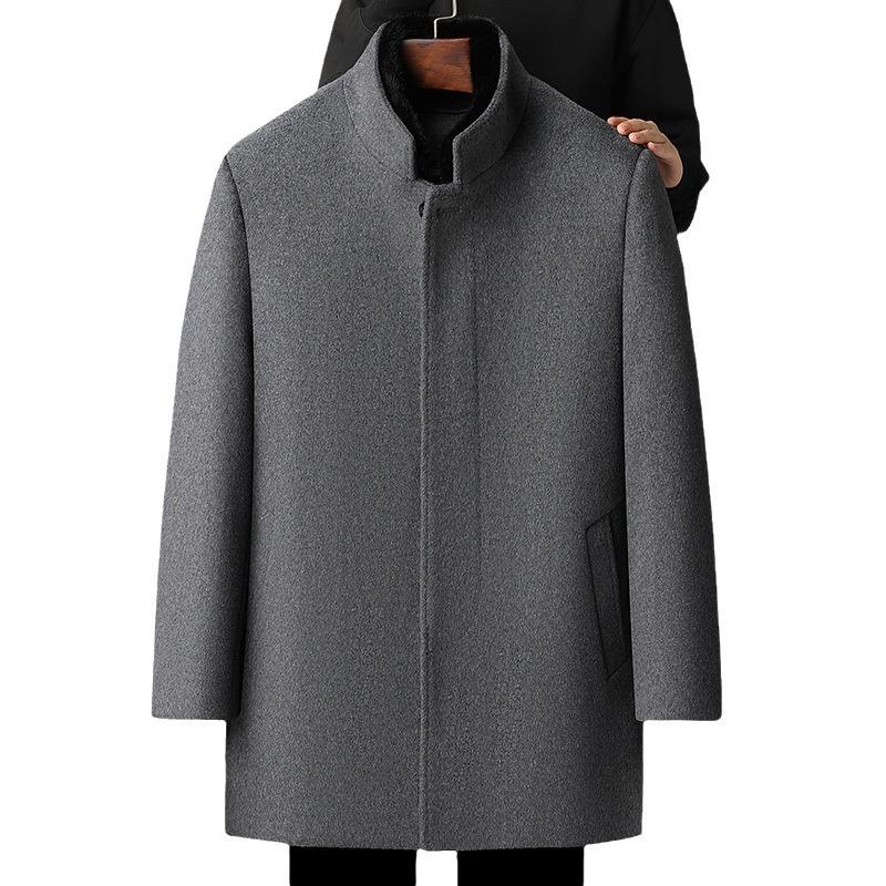 Cappotto di Lana da Uomo di Media Lunghezza con Collo di Pelliccia Ispessito e Fodera Rimovibile in Piumino, Cappotto di Lana Autunnale e Invernale per Persone di Mezza Età e Anziane