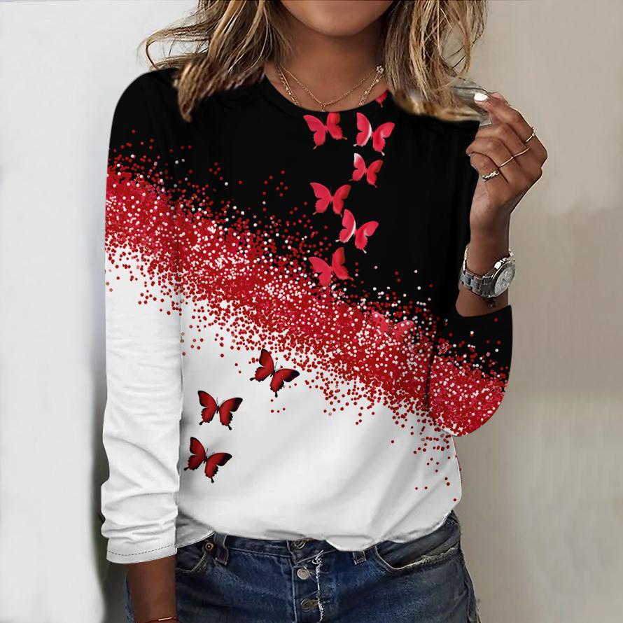 Elegant Butterfly Printed Women's Tee Loose O-neck Long Sleeve T-shirt Spring Autumn New Casual T Shirt Female Pullover