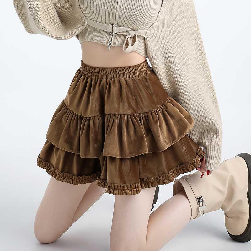 

Юбка А-силуэта из бархата в балетном стиле с завышенной талией и оборкой по низу для женщин XL кофейный