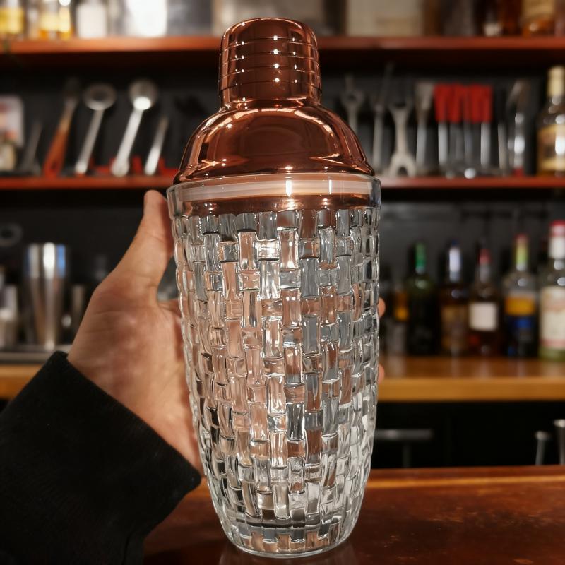 Glass Cocktail Shaker Woven Texture Glass Stainless Steel Lid Cocktail Glass with Leak-Proof Metal Steel Lid and Strainer