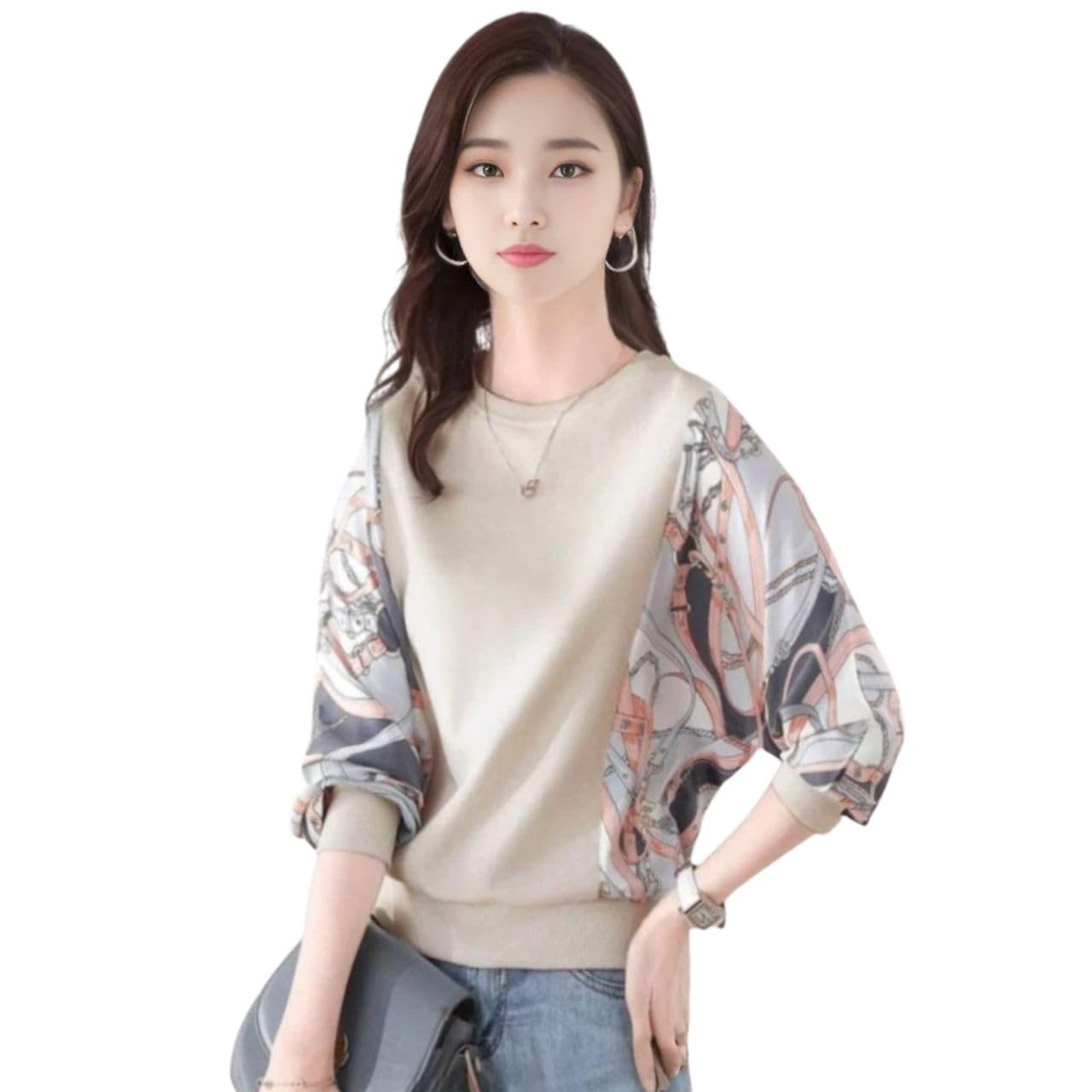 

J-Scott Women s Pullover Blouse with Scarf Print Sleeves, Mixed Fabric, Round Neck, Dolman Sleeves, Long Sleeves, Beige, JS16-BG-M